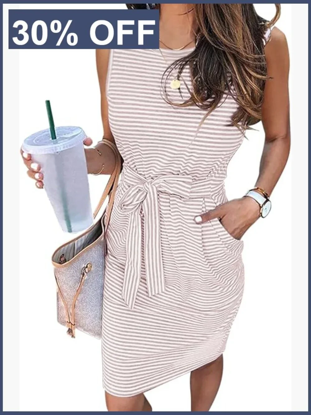Striped Sleeveless Tie Waist Bodycon Dress with Pockets